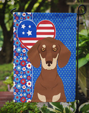 Load image into Gallery viewer, Chocolate and Cream Dachshund Patriotic Heart Garden Flag – Red, White &amp; Blue Dog Decor with Star Background