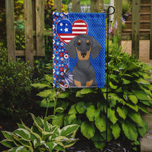 Load image into Gallery viewer, Blue and Tan Dachshund Patriotic Heart Garden Flag – Red, White &amp; Blue Dog Decor with Star Background