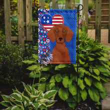 Load image into Gallery viewer, Red Dachshund Patriotic Heart Garden Flag – Red, White &amp; Blue Dog Decor with Star Background
