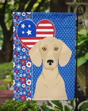 Load image into Gallery viewer, Cream Dachshund Patriotic Heart Garden Flag – Red, White &amp; Blue Dog Decor with Star Background
