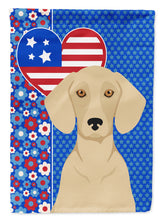 Load image into Gallery viewer, Cream Dachshund Patriotic Heart Garden Flag – Red, White &amp; Blue Dog Decor with Star Background
