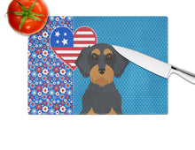 Load image into Gallery viewer, Wirehair Black and Tan Dachshund USA American Glass Cutting Boards – Durable, Decorative Kitchen Art Large