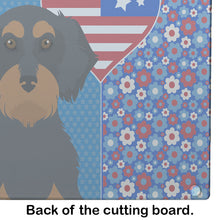 Load image into Gallery viewer, Wirehair Black and Tan Dachshund USA American Glass Cutting Boards – Durable, Decorative Kitchen Art Large