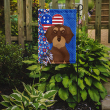 Load image into Gallery viewer, Wirehair Red and Tan Dachshund Patriotic Heart Garden Flag – Red, White &amp; Blue Dog Decor with Star Background