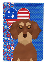 Load image into Gallery viewer, Wirehair Red and Tan Dachshund Patriotic Heart Garden Flag – Red, White &amp; Blue Dog Decor with Star Background