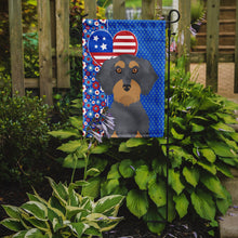 Load image into Gallery viewer, Wirehair Blue and Tan Dachshund Patriotic Heart Garden Flag – Red, White &amp; Blue Dog Decor with Star Background