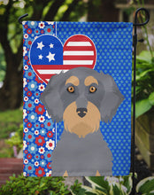 Load image into Gallery viewer, Wirehair Blue and Tan Dachshund Patriotic Heart Garden Flag – Red, White &amp; Blue Dog Decor with Star Background
