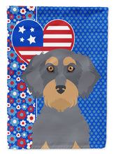 Load image into Gallery viewer, Wirehair Blue and Tan Dachshund Patriotic Heart Garden Flag – Red, White &amp; Blue Dog Decor with Star Background
