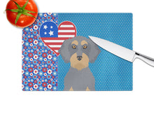 Load image into Gallery viewer, Wirehair Blue and Tan Dachshund USA American Glass Cutting Boards – Durable, Decorative Kitchen Art Large
