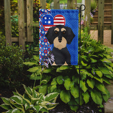 Load image into Gallery viewer, Wirehair Black and Cream Dachshund Patriotic Heart Garden Flag – Red, White &amp; Blue Dog Decor with Star Background