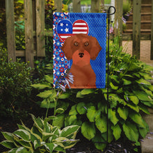 Load image into Gallery viewer, Wirehair Red Dachshund Patriotic Heart Garden Flag – Red, White &amp; Blue Dog Decor with Star Background