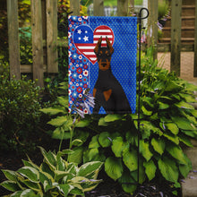 Load image into Gallery viewer, Black and Tan Doberman Pinscher Patriotic Heart Garden Flag – Red, White &amp; Blue Dog Decor with Star Background