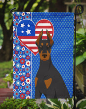 Load image into Gallery viewer, Black and Tan Doberman Pinscher Patriotic Heart Garden Flag – Red, White &amp; Blue Dog Decor with Star Background