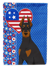 Load image into Gallery viewer, Black and Tan Doberman Pinscher Patriotic Heart Garden Flag – Red, White &amp; Blue Dog Decor with Star Background