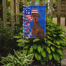 Load image into Gallery viewer, Natural Ear Red and Tan Doberman Pinscher Patriotic Heart Garden Flag – Red, White &amp; Blue Dog Decor with Star Background