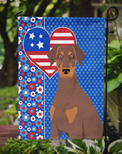 Load image into Gallery viewer, Natural Ear Red and Tan Doberman Pinscher Patriotic Heart Garden Flag – Red, White &amp; Blue Dog Decor with Star Background