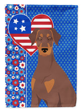 Load image into Gallery viewer, Natural Ear Red and Tan Doberman Pinscher Patriotic Heart Garden Flag – Red, White &amp; Blue Dog Decor with Star Background