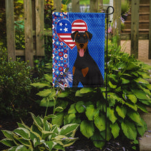 Load image into Gallery viewer, Natural Ear Black and Tan Doberman Pinscher Patriotic Heart Garden Flag – Red, White &amp; Blue Dog Decor with Star Background