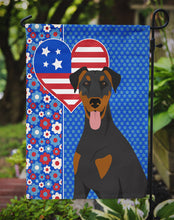 Load image into Gallery viewer, Natural Ear Black and Tan Doberman Pinscher Patriotic Heart Garden Flag – Red, White &amp; Blue Dog Decor with Star Background