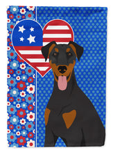 Load image into Gallery viewer, Natural Ear Black and Tan Doberman Pinscher Patriotic Heart Garden Flag – Red, White &amp; Blue Dog Decor with Star Background