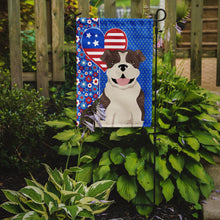 Load image into Gallery viewer, Brindle English Bulldog Patriotic Heart Garden Flag – Red, White &amp; Blue Dog Decor with Star Background
