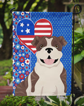 Load image into Gallery viewer, Brindle English Bulldog Patriotic Heart Garden Flag – Red, White &amp; Blue Dog Decor with Star Background