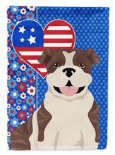 Load image into Gallery viewer, Brindle English Bulldog Patriotic Heart Garden Flag – Red, White &amp; Blue Dog Decor with Star Background