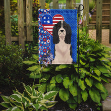 Load image into Gallery viewer, Black English Springer Spaniel Patriotic Heart Garden Flag – Red, White &amp; Blue Dog Decor with Star Background