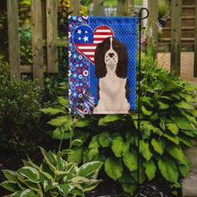 Load image into Gallery viewer, Liver English Springer Spaniel Patriotic Heart Garden Flag – Red, White &amp; Blue Dog Decor with Star Background