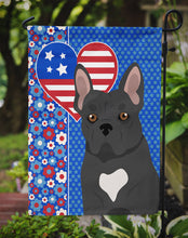 Load image into Gallery viewer, Black French Bulldog Patriotic Heart Garden Flag – Red, White &amp; Blue Dog Decor with Star Background