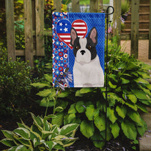 Load image into Gallery viewer, Black and White French Bulldog Patriotic Heart Garden Flag – Red, White &amp; Blue Dog Decor with Star Background