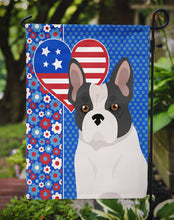 Load image into Gallery viewer, Black and White French Bulldog Patriotic Heart Garden Flag – Red, White &amp; Blue Dog Decor with Star Background