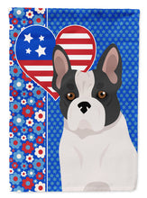 Load image into Gallery viewer, Black and White French Bulldog Patriotic Heart Garden Flag – Red, White &amp; Blue Dog Decor with Star Background