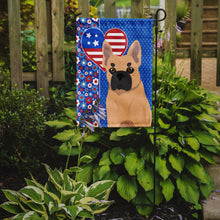Load image into Gallery viewer, Fawn French Bulldog Patriotic Heart Garden Flag – Red, White &amp; Blue Dog Decor with Star Background