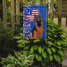 Load image into Gallery viewer, Black and Tan German Shepherd Patriotic Heart Garden Flag – Red, White &amp; Blue Dog Decor with Star Background