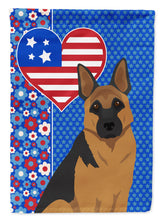 Load image into Gallery viewer, Black and Tan German Shepherd Patriotic Heart Garden Flag – Red, White &amp; Blue Dog Decor with Star Background