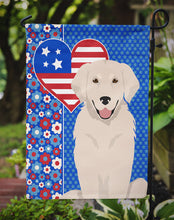 Load image into Gallery viewer, Cream Golden Retriever Patriotic Heart Garden Flag – Red, White &amp; Blue Dog Decor with Star Background