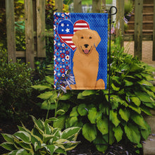 Load image into Gallery viewer, Gold Golden Retriever Patriotic Heart Garden Flag – Red, White &amp; Blue Dog Decor with Star Background