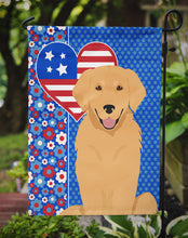 Load image into Gallery viewer, Gold Golden Retriever Patriotic Heart Garden Flag – Red, White &amp; Blue Dog Decor with Star Background