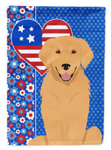 Load image into Gallery viewer, Gold Golden Retriever Patriotic Heart Garden Flag – Red, White &amp; Blue Dog Decor with Star Background