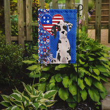 Load image into Gallery viewer, Harlequin Great Dane Patriotic Heart Garden Flag – Red, White &amp; Blue Dog Decor with Star Background