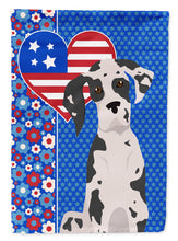 Load image into Gallery viewer, Harlequin Great Dane Patriotic Heart Garden Flag – Red, White &amp; Blue Dog Decor with Star Background