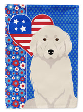 Load image into Gallery viewer, Great Pyrenees Patriotic Heart Garden Flag – Red, White &amp; Blue Dog Decor with Star Background