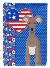 Load image into Gallery viewer, Fawn Italian Greyhound Patriotic Heart Garden Flag – Red, White &amp; Blue Dog Decor with Star Background