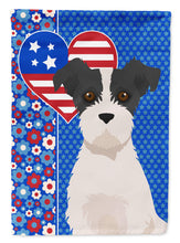 Load image into Gallery viewer, Black White Wirehair Jack Russell Terrier Patriotic Heart Garden Flag – Red, White &amp; Blue Dog Decor with Star Background