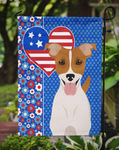 Load image into Gallery viewer, Brown White Smooth Jack Russell Terrier Patriotic Heart Garden Flag – Red, White &amp; Blue Dog Decor with Star Background