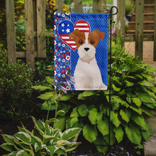Load image into Gallery viewer, Brown White Wirehair Jack Russell Terrier Patriotic Heart Garden Flag – Red, White &amp; Blue Dog Decor with Star Background