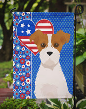 Load image into Gallery viewer, Brown White Wirehair Jack Russell Terrier Patriotic Heart Garden Flag – Red, White &amp; Blue Dog Decor with Star Background