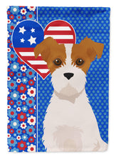 Load image into Gallery viewer, Brown White Wirehair Jack Russell Terrier Patriotic Heart Garden Flag – Red, White &amp; Blue Dog Decor with Star Background