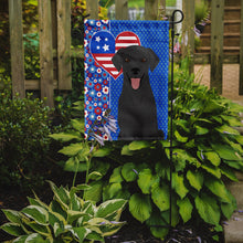 Load image into Gallery viewer, Black Labrador Retriever Patriotic Heart Garden Flag – Red, White &amp; Blue Dog Decor with Star Background